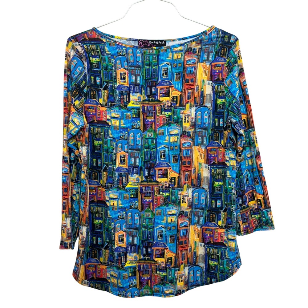 Maximalist Cityscape Print Top Women Large Blue Colorful Boat Neck Art Travel